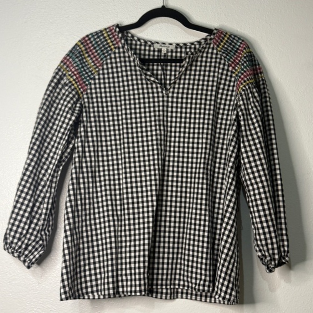 Madewell Black & White Gingham Blouse with Colorful Smocking at Shoulders. Sz M